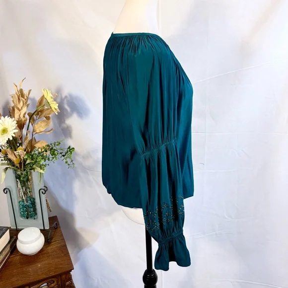Ramy Brook Teal Embellished V Neck Gathered Sleeve Blouse Sz Medium🧡 - Picture 4 of 10